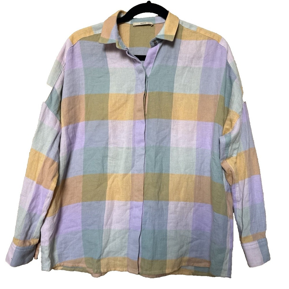 Sessùn Womens Delima Long Sleeve Blue Orange Plaid Button Up Size XS 100% Cotton